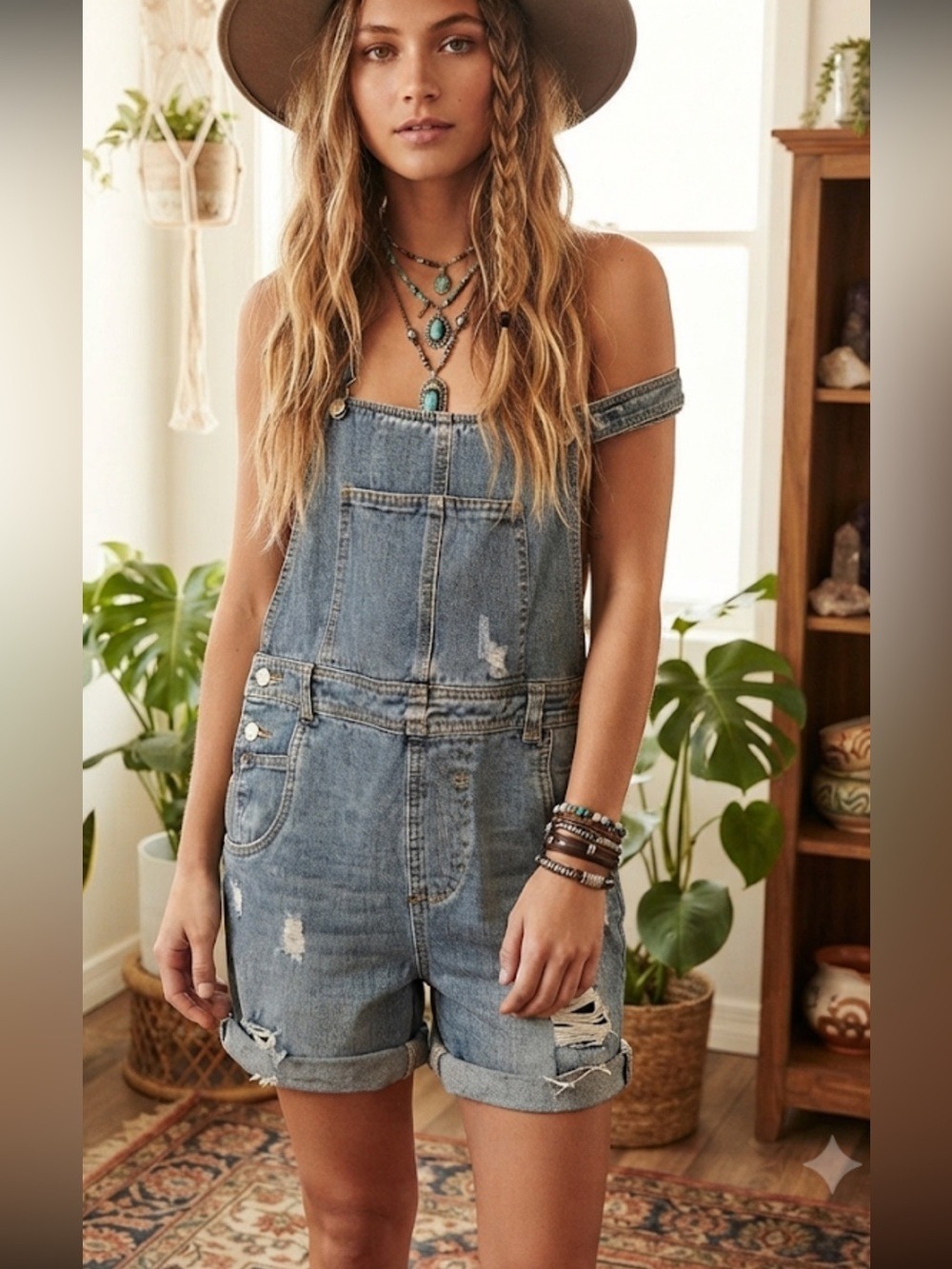 White Birch Distressed Denim Short Overalls Adjustable Strap Bib Size Small